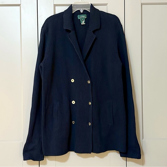 Ralph Lauren Ribbed Heavy Nautical Cardigan Button Down Cotton Blue Womens Sz XL - Picture 1 of 7